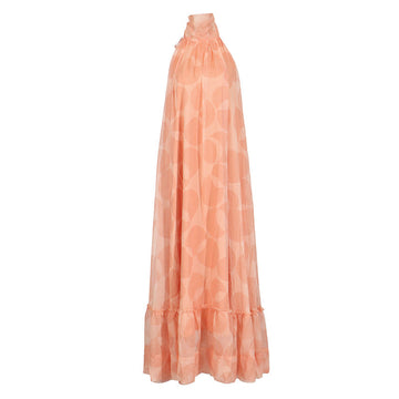 Printed Holiday Dress 2025 Summer Show Back New Hanging Neck Sleeveless Swing Leaves Side Dress Woman